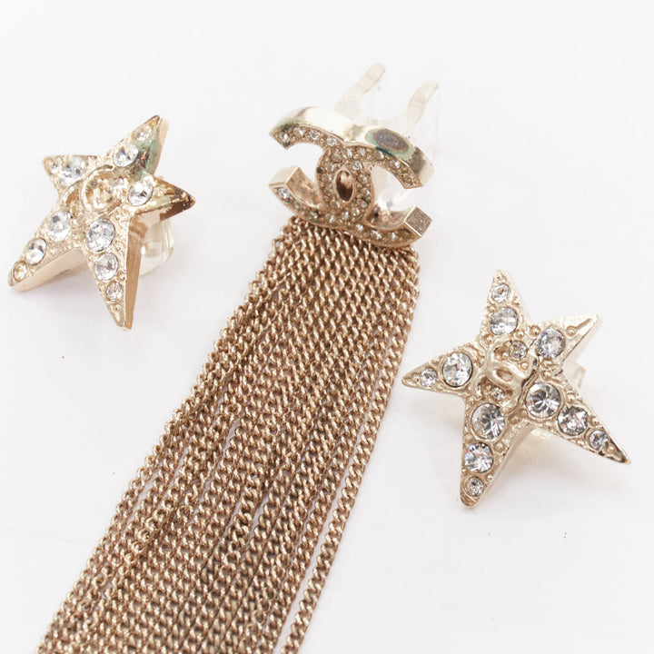 CHANEL B15 gold tone CC logo crystal pave star tassel wire clips phone charm