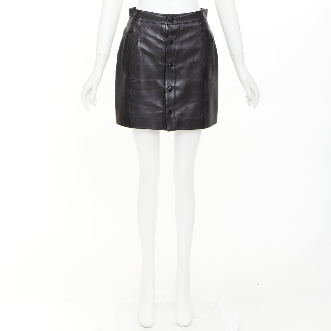 SAINT LAURENT 2018 black lambskin leather snap button mini skirt FR38 M