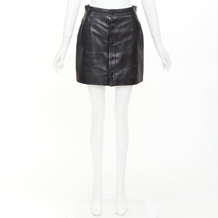 SAINT LAURENT 2018 black lambskin leather snap button mini skirt FR38 M