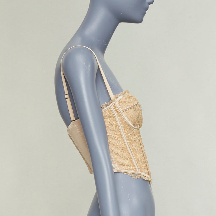 GUCCI 2022 Runway Aria nude beige GG monogram net lace corset bustier top S