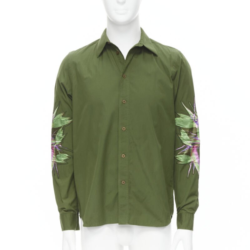 Runway GIVENCHY Tisci 2012 green cotton Birds of Paradise patch sleeve shirt S