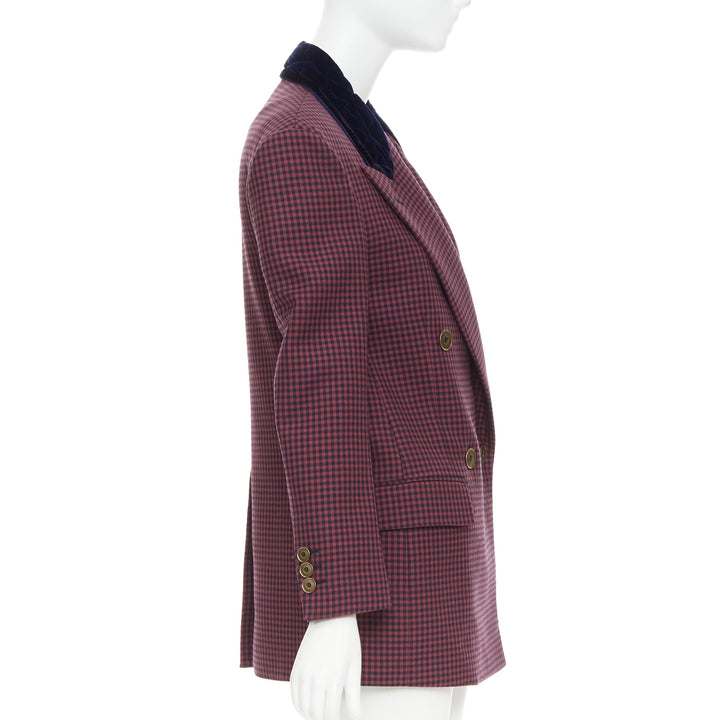 FENDI burgundy wool checkered purple velvet collar double breast blazer IT34 XS