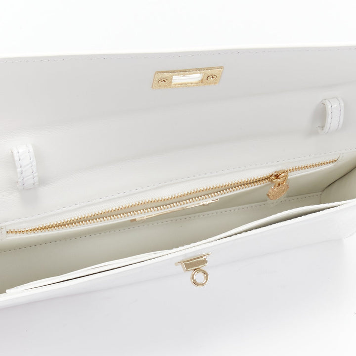 FERIDA YANG Bespoke white matte scaled leather gold buckle long flap clutch