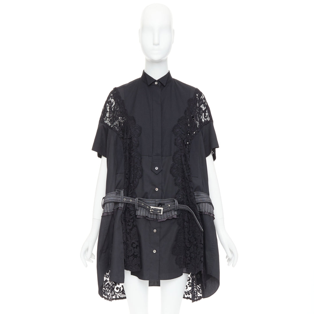 SACAI 2017 black lace trim panelled belt flared lined shirt dress JP1 S