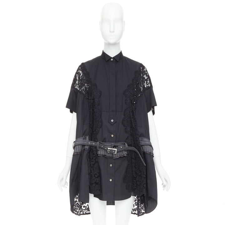SACAI 2017 black lace trim panelled belt flared lined shirt dress JP1 S