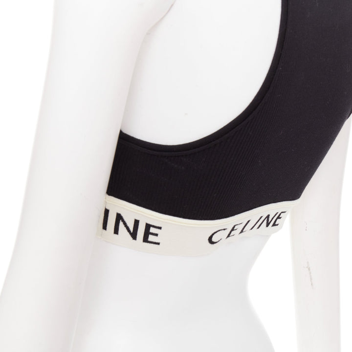 CELINE black cotton blend cream ribbed logo round neck bra top S Lisa Blackpink