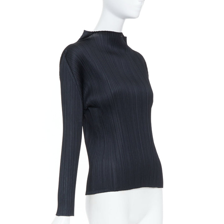 ISSEY MIYAKE Pleats Please black plisse angular mock neck top JP3 L