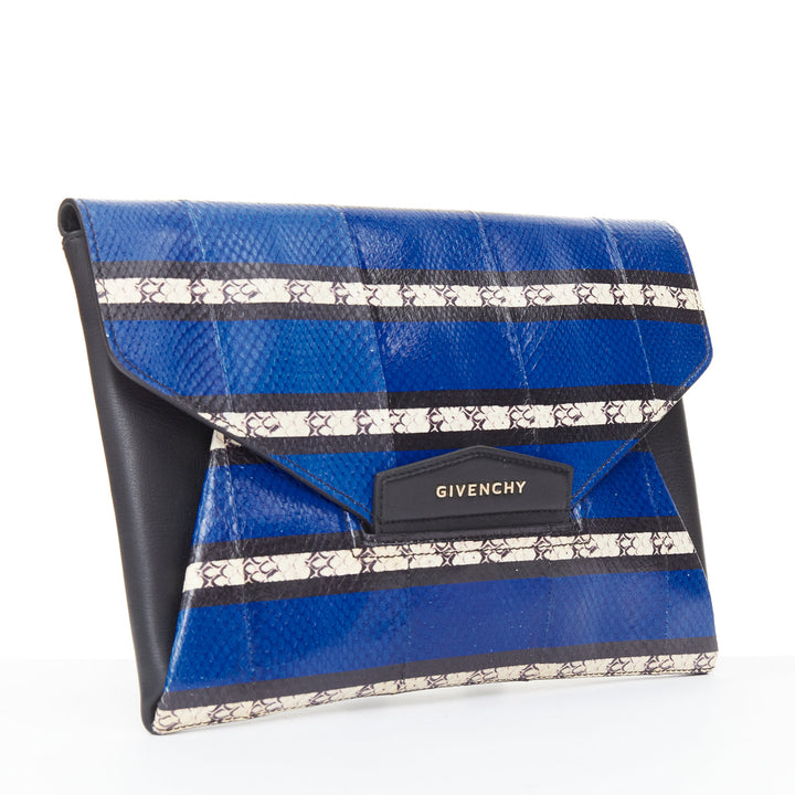 GIVENCHY Antigona Envelope blue striped elaphe scaled leather flap clutch bag