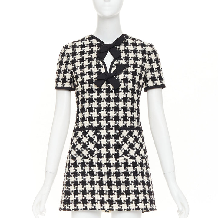 VALENTINO 2024 black white houndstooth tweed cutout bow mini dress IT40 S