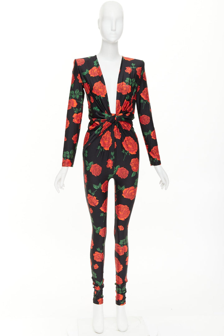 SAINT LAURENT 2022 Runway twist plunging black red rose floral jersey catsuit S