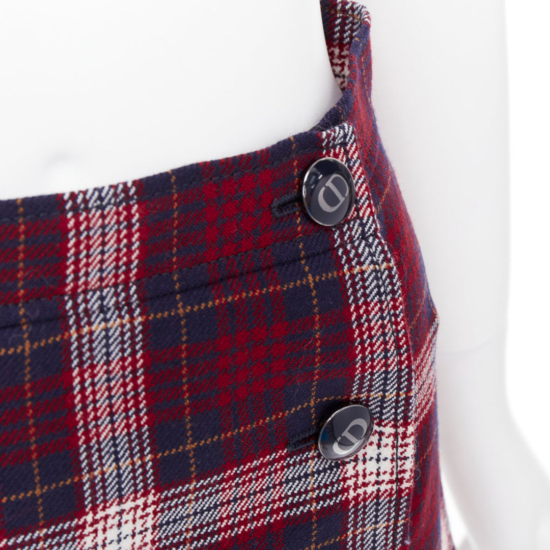 DIOR 2021 red navy virgin wool plaid silk lined A-line skirt FR34 XS
