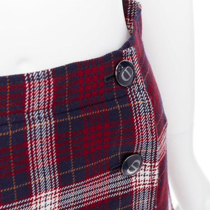 DIOR 2021 red navy virgin wool plaid silk lined A-line skirt FR34 XS