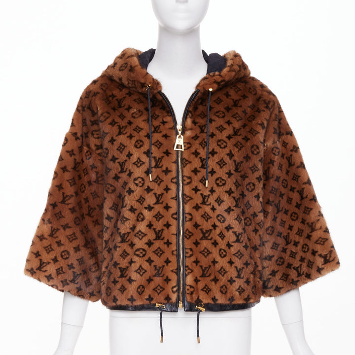 LOUIS VUITTON 2022 Monogram Mink Fur drawstring zip up hooded jacket FR34 XS