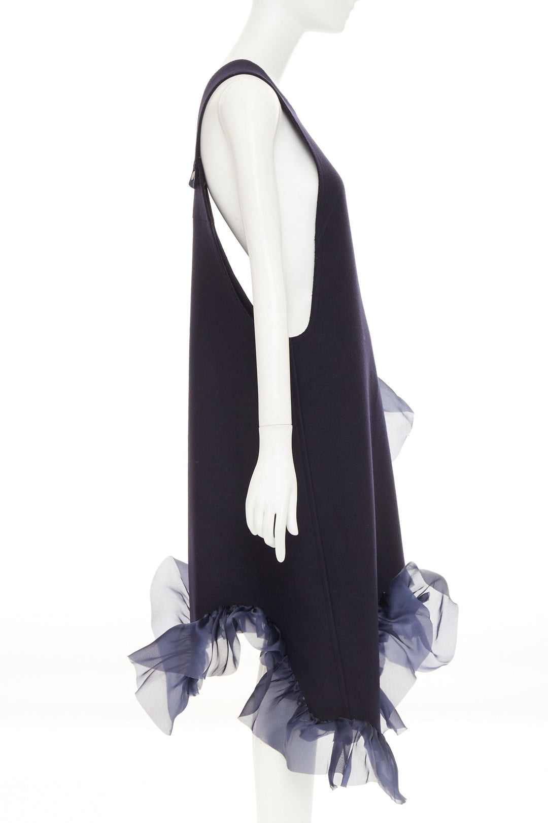 ROBERTS WOOD navy wool felt silk ruffle asymmetric shift dress S