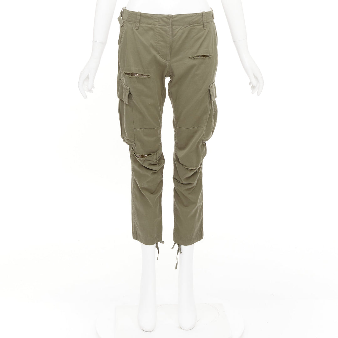 BALMAIN khaki cotton blend ripped chainmail details low waist cargo pants FR36 S