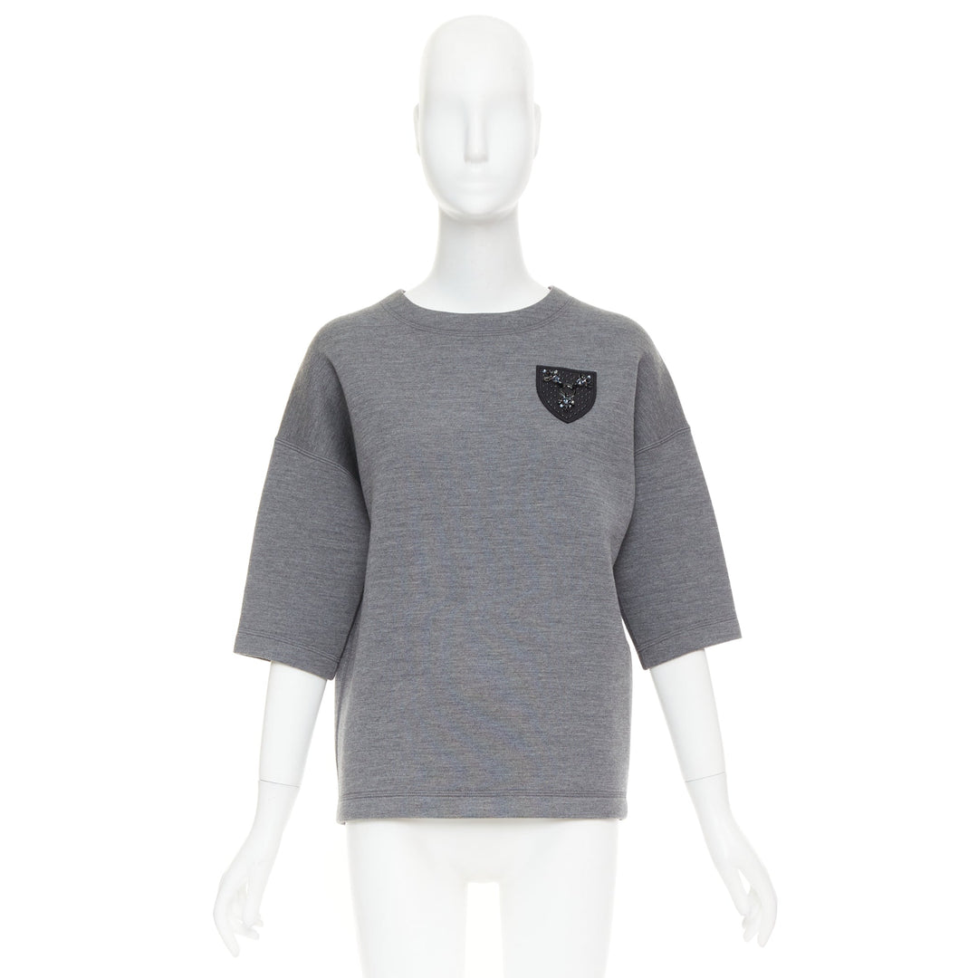 DIOR 2017 grey wool blend black crystal embellished crest sweatshirt FR34 XS