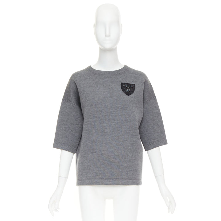 DIOR 2017 grey wool blend black crystal embellished crest sweatshirt FR34 XS