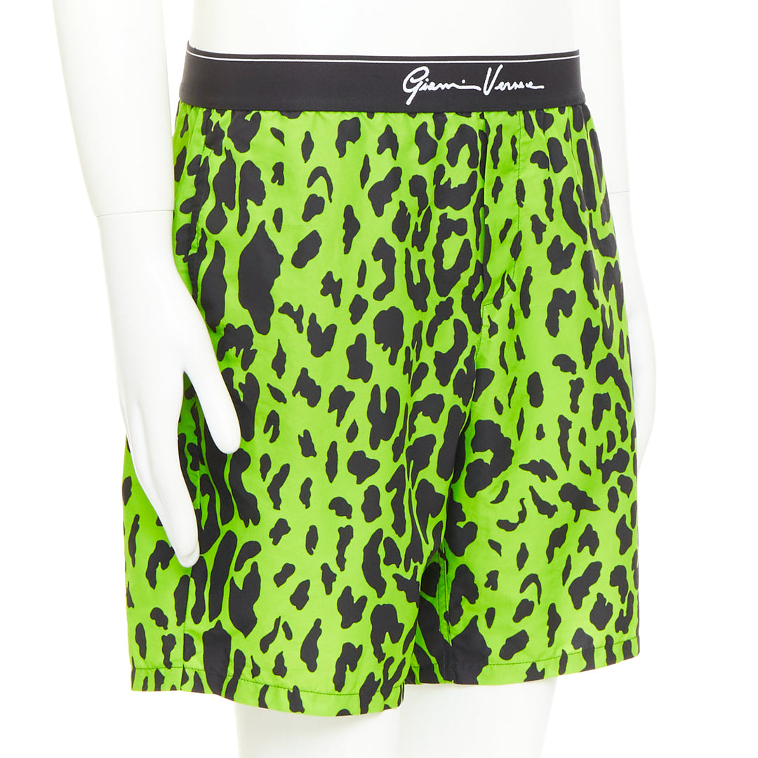 VERSACE neon green black leopard print black logo waistband swim trunks Sz4