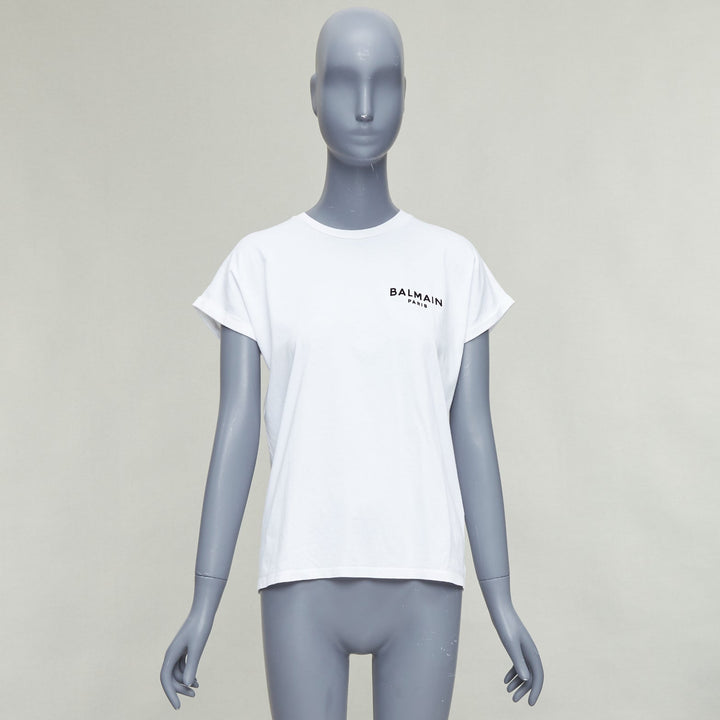 BALMAIN white cotton black logo felt print cap roll sleeve tshirt XS