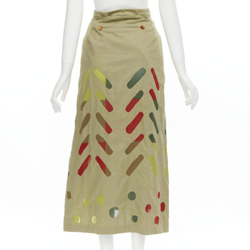 ISSEY MIYAKE Vintage beige hand stitched colourful sheer panel skirt M Rare