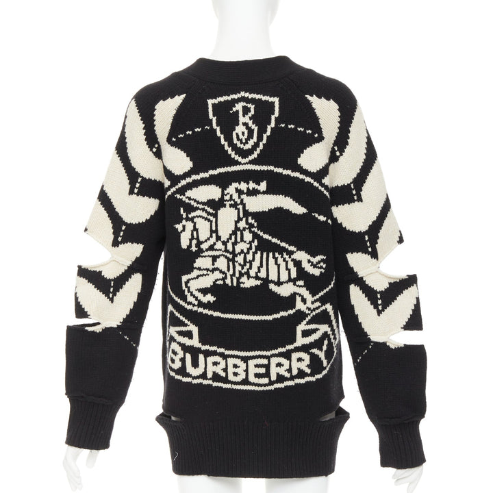 BURBERRY Nyla black cream merino wool cashmere logo intarsia cut out cardigan S