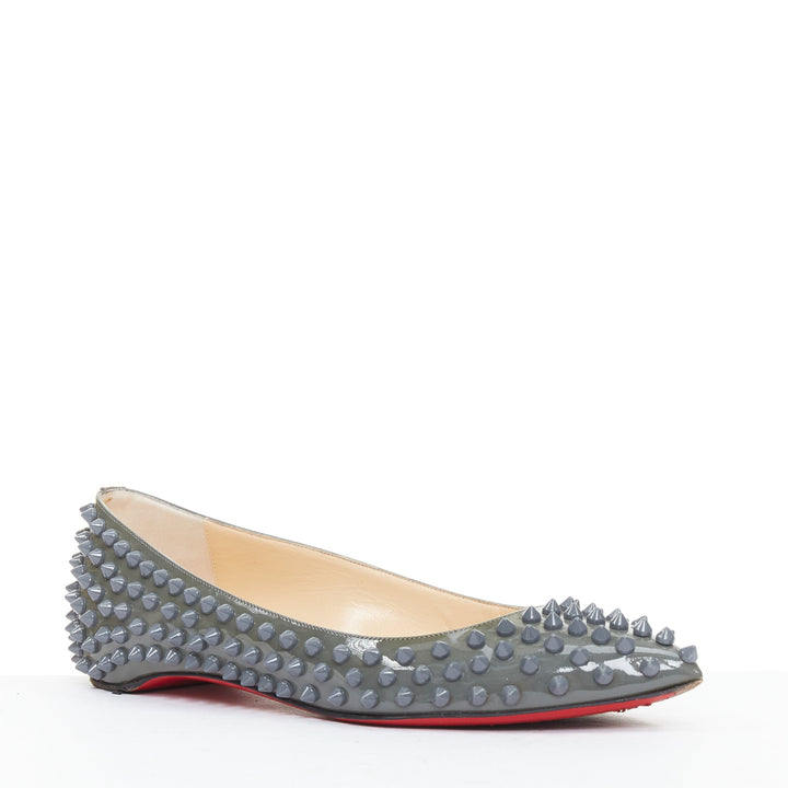 CHRISTIAN LOUBOUTIN Pigalle Spikes Flat grey patent studded ballet flats EU37.5