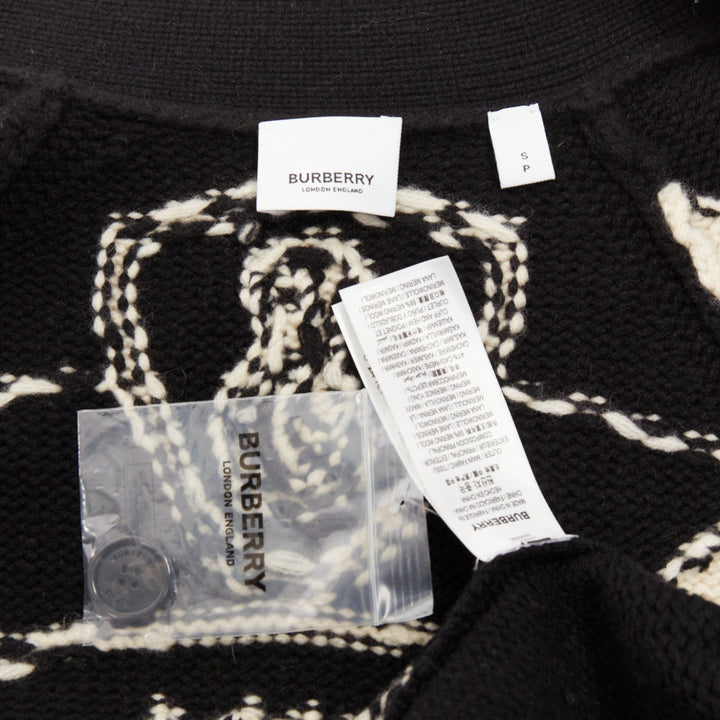 BURBERRY Nyla black cream merino wool cashmere logo intarsia cut out cardigan S
