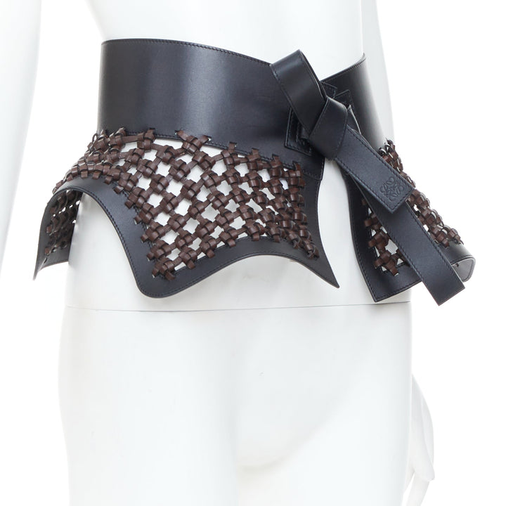 LOEWE JW Anderson black brown woven leather wide peplum Obi corset waist belt