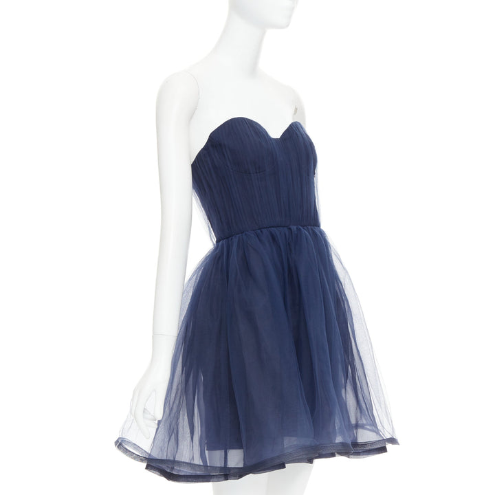 ALICE OLIVIA Landi Gathered navy tulle sheer overlay silk trimmed babydoll dress