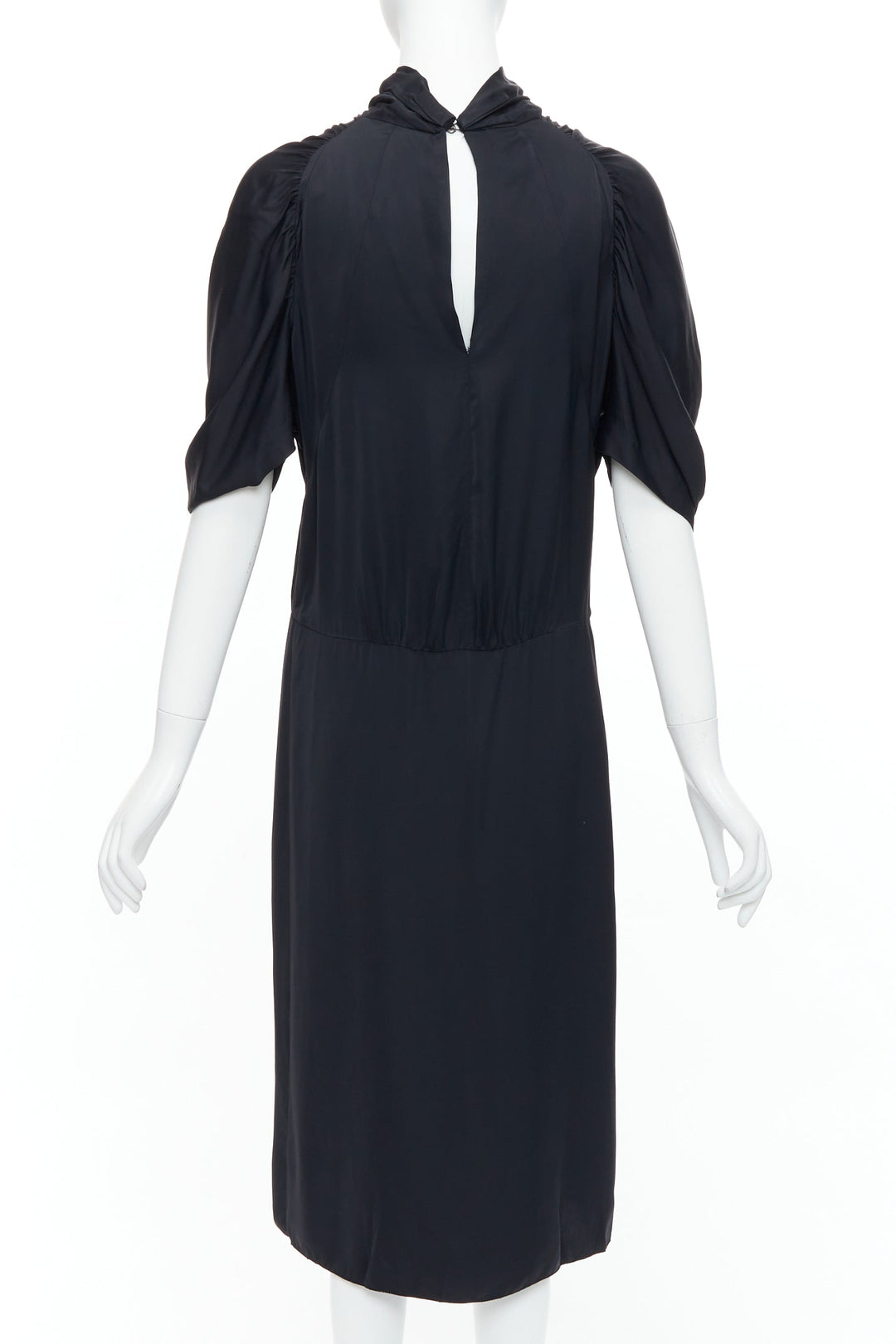 PRADA 2006 black viscose box pleat front ruched sleeves midi dress