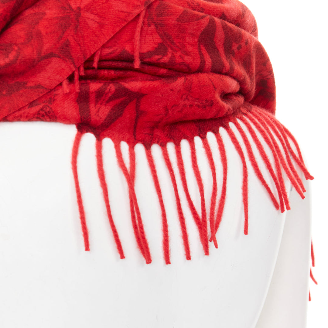 VALENTINO Camubutterfly 100% cashmere red butterfly floral print fringed scarf