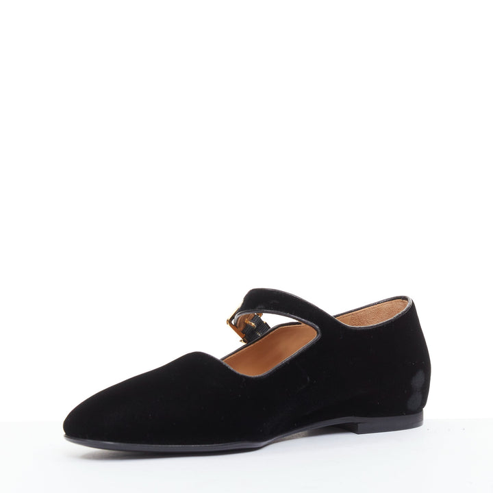 THE ROW Ava Mary Jane black velvet stone obsidian gold hardware flats EU37.5