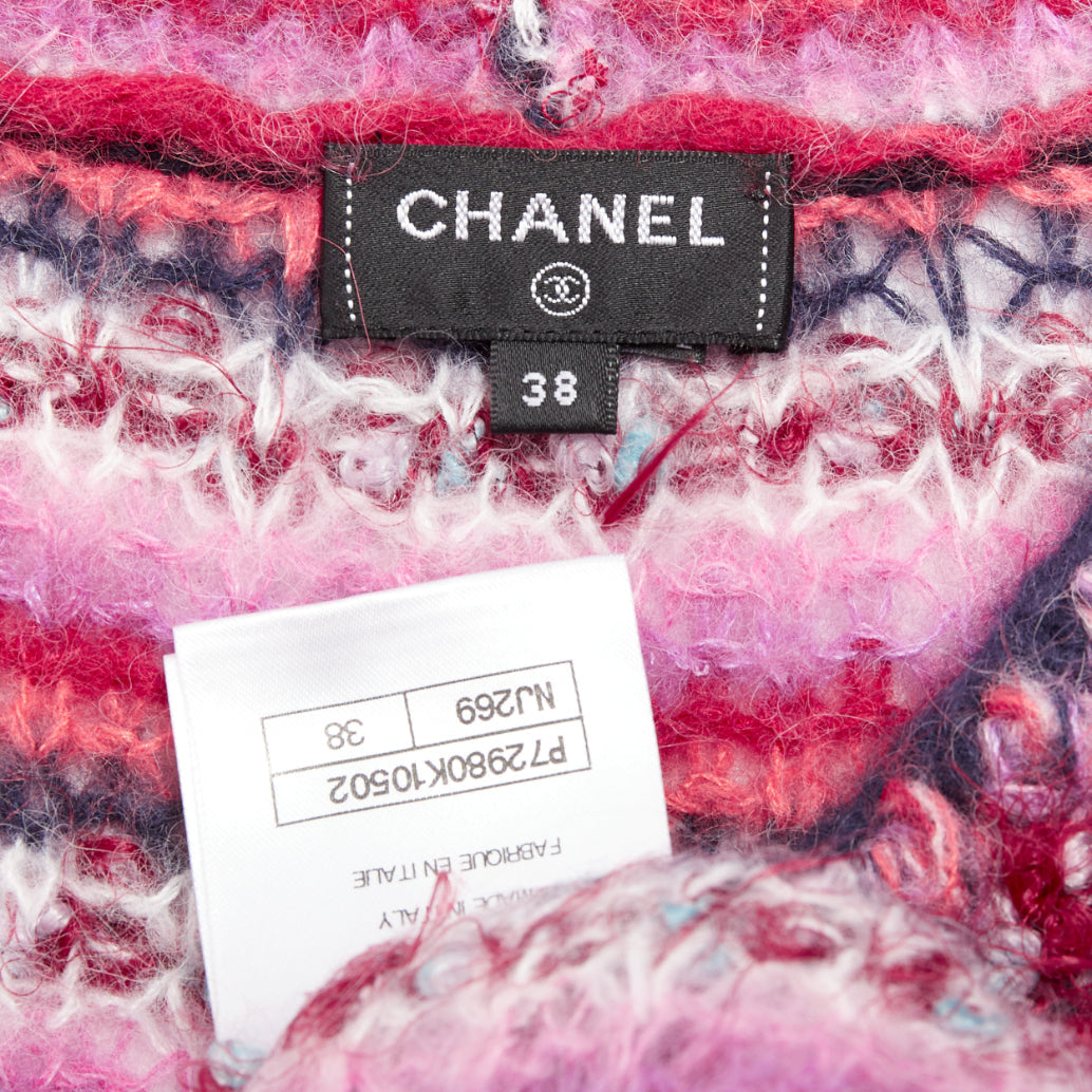 CHANEL 22A pink alpaca blend striped loose knit Vneck CC logo sweater FR38 M