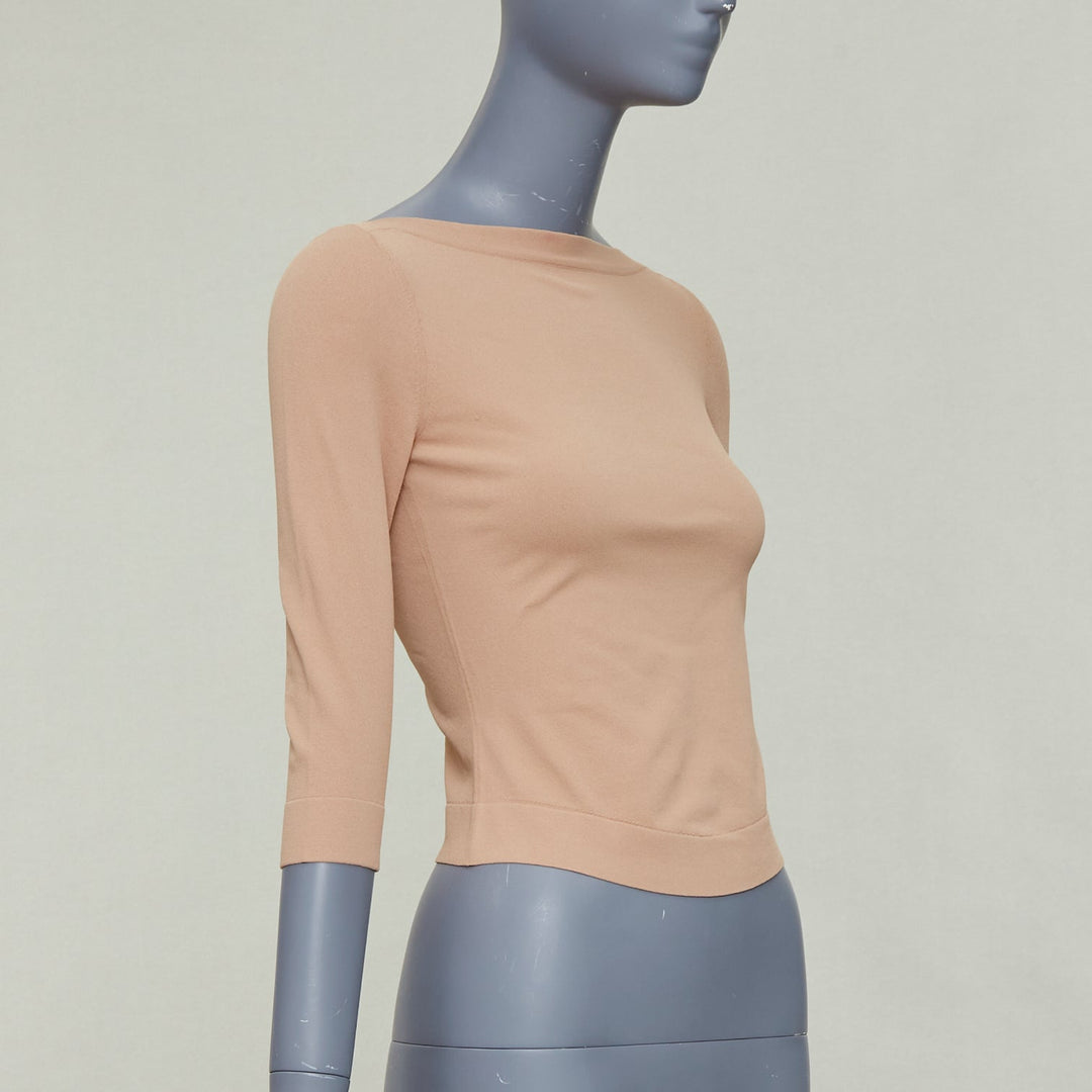 ALAIA tan nude viscose blend cropped sleeved bateau neck sweater FR36 S