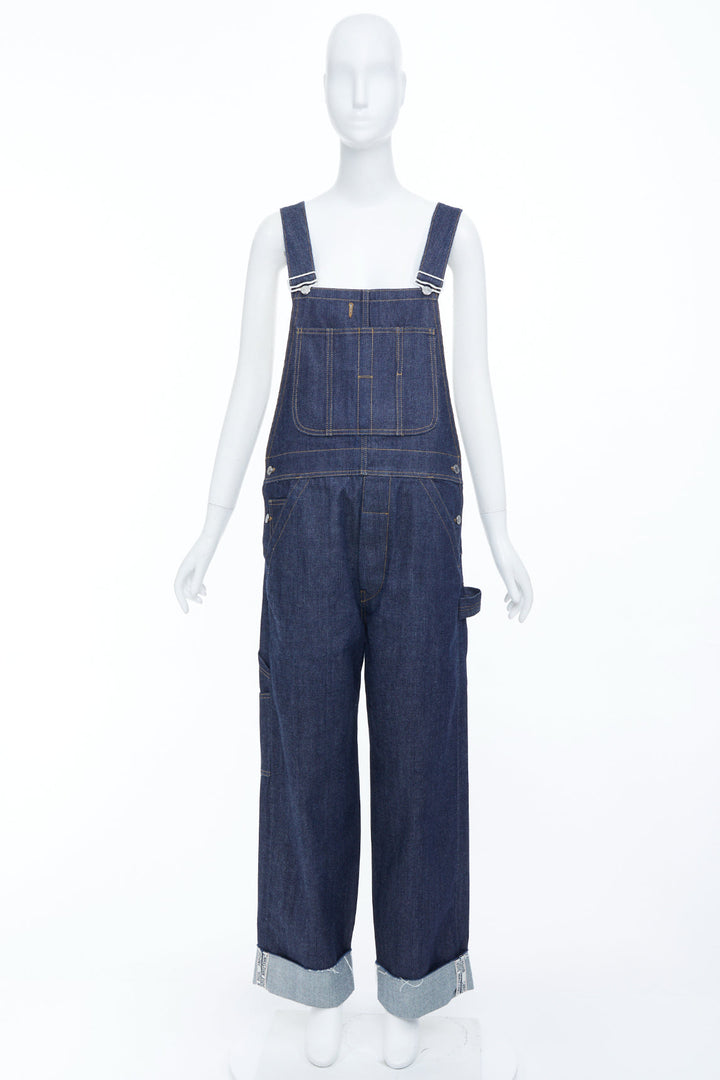 CHRISTIAN DIOR oblique cuffed dark blue raw denim straight overalls FR36 S