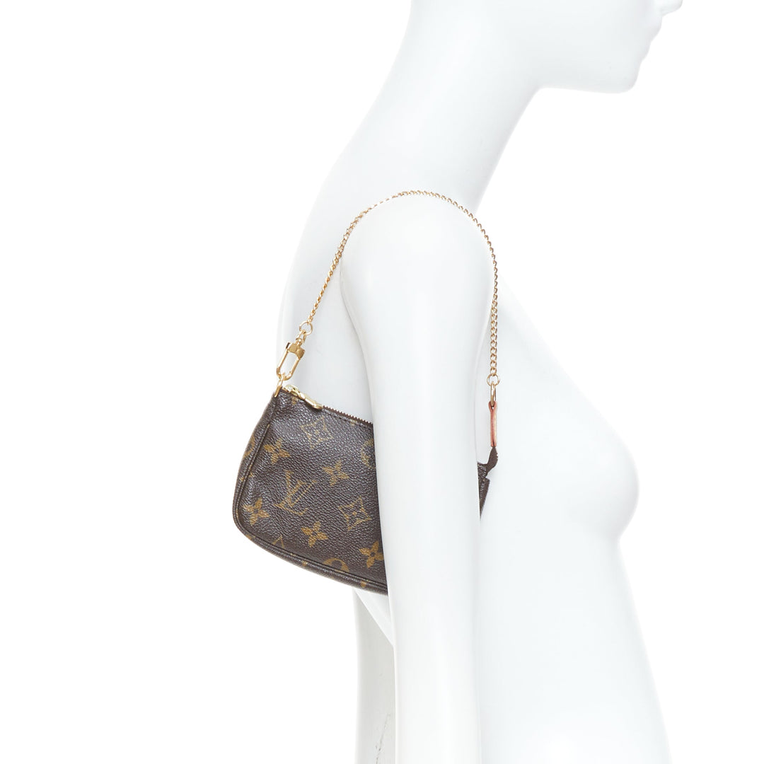 LOUIS VUITTON Mini Pochette Accessoires brown monogram canvas chain clutch pouch