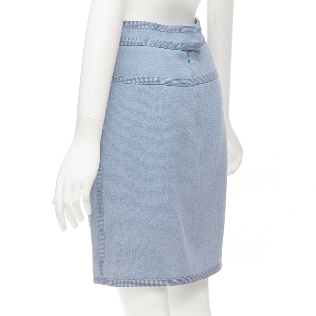 CHANEL Collection28 powder blue 100% wool silk lined trimmed mini skirt FR38 M