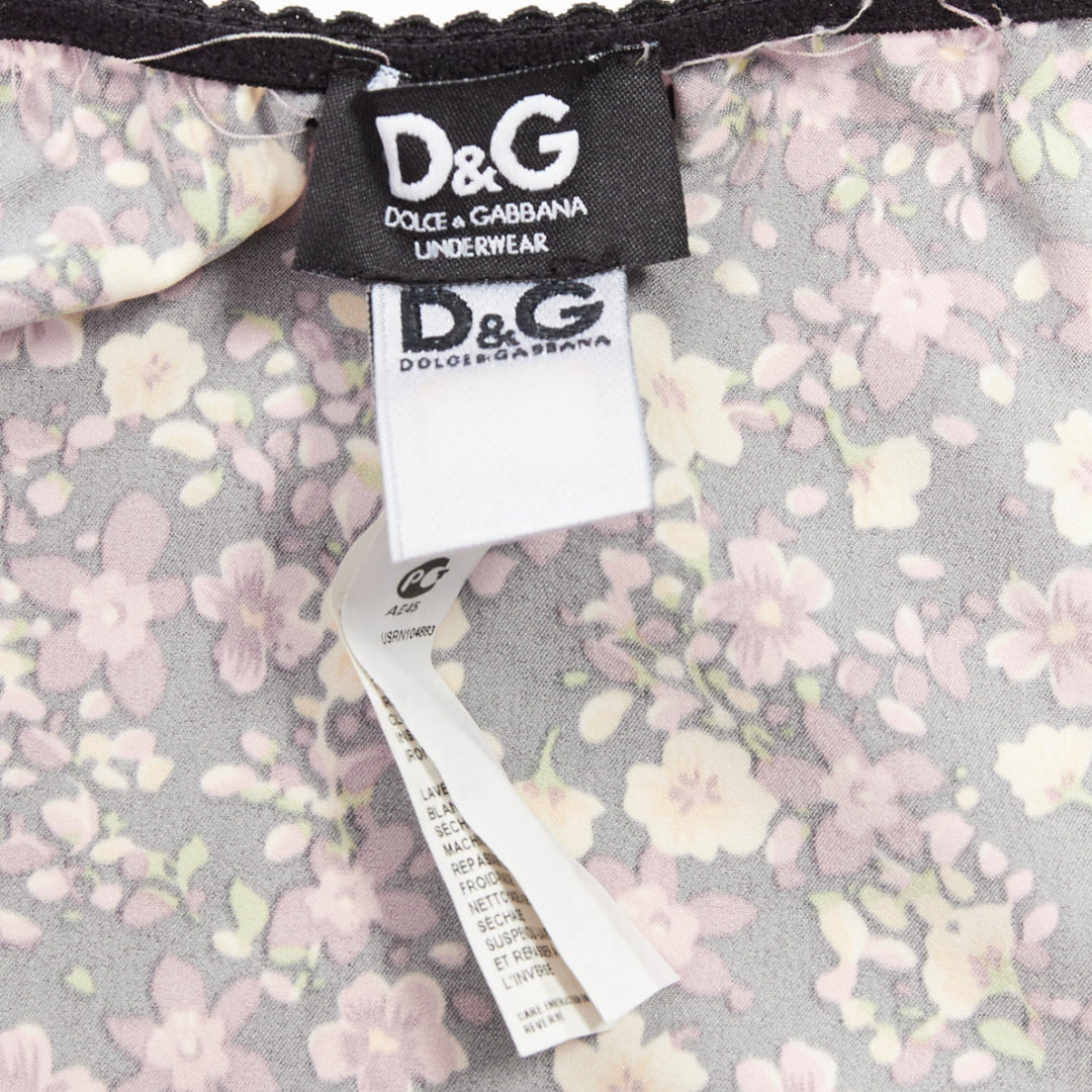 D&G DOLCE GABBANA Vintage pink green floral black bow lace trim slip dress M