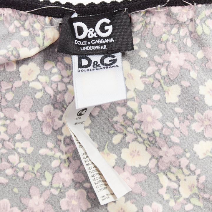 D&G DOLCE GABBANA Vintage pink green floral black bow lace trim slip dress M