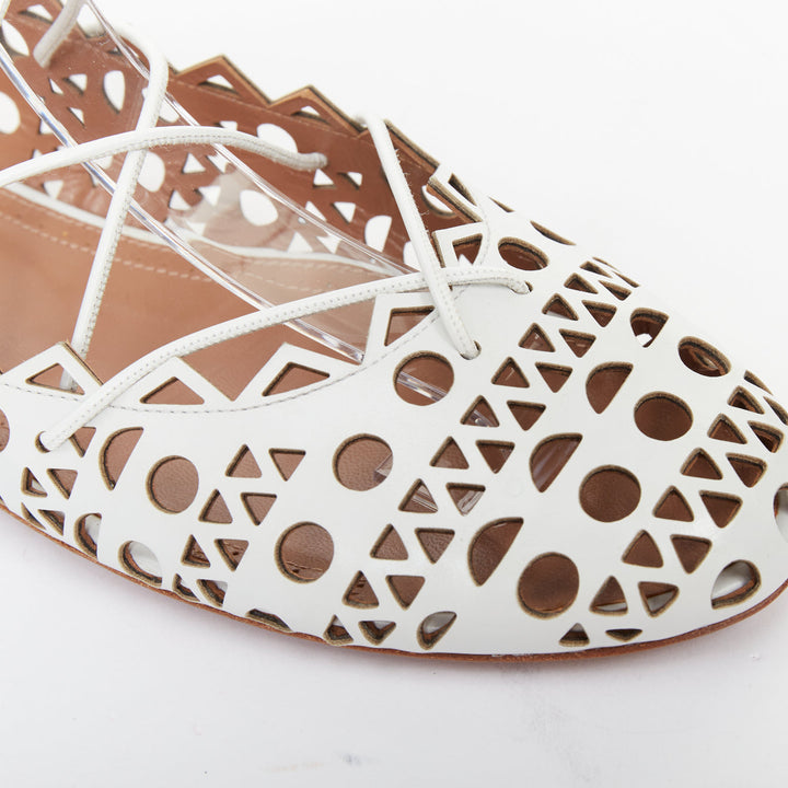 ALAIA Vienne white leather laser cut perforated lace up ballerina flats EU37