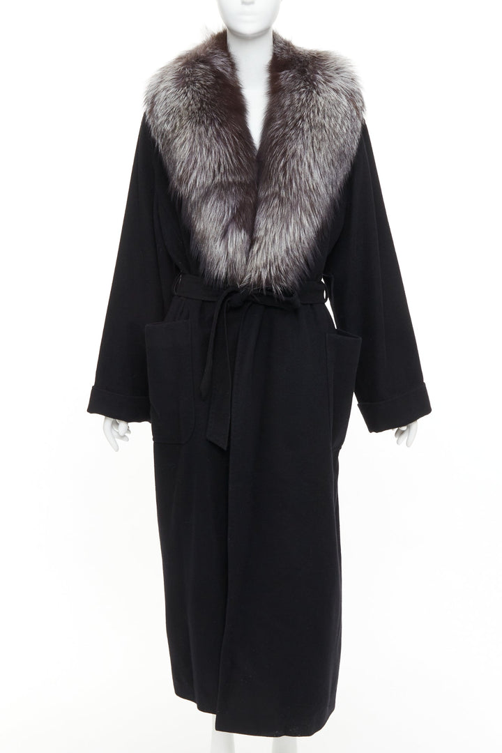 ESCADA Vintage black 100% cashmere brown fur collar belted long coat IT42 M