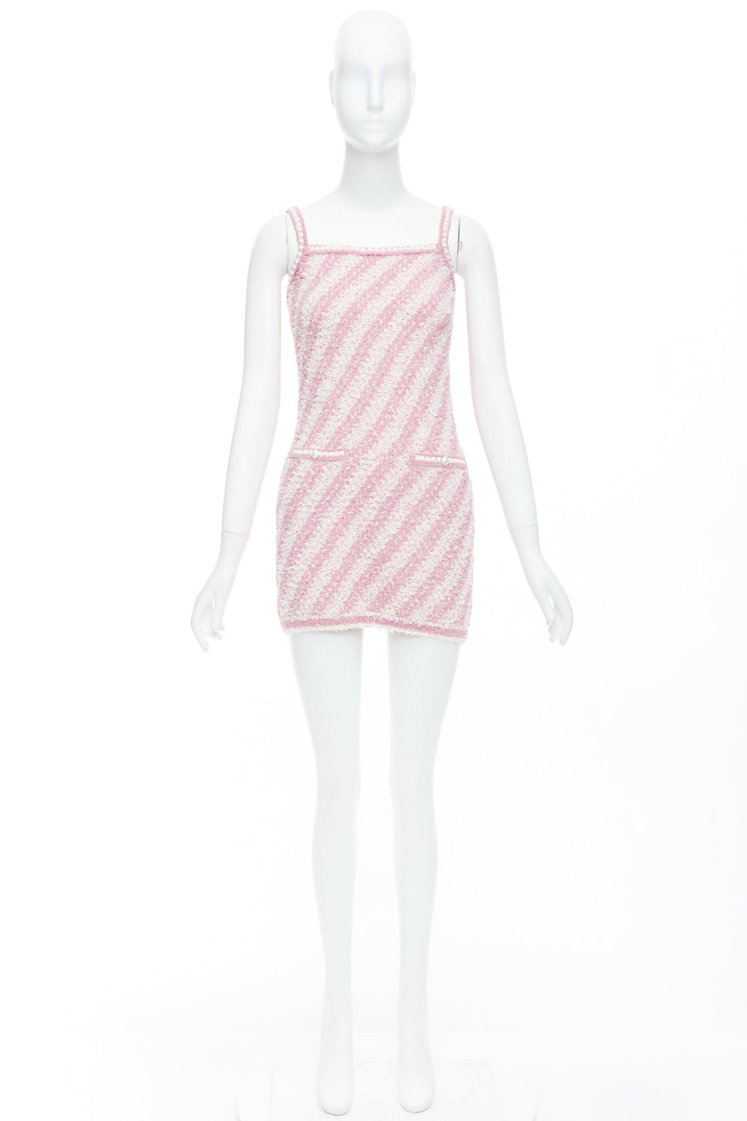 CHANEL 23S pink white cotton blend striped tweed CC mini dress FR34 XS