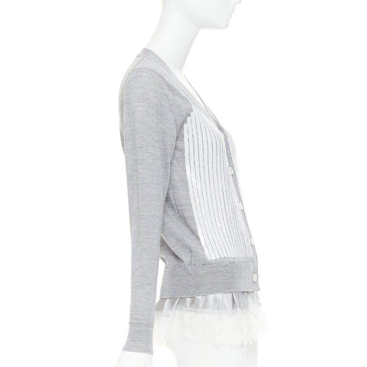 SACAI 2012 grey wool white sequin lace ruffle scallop hem cardigan JP1 S