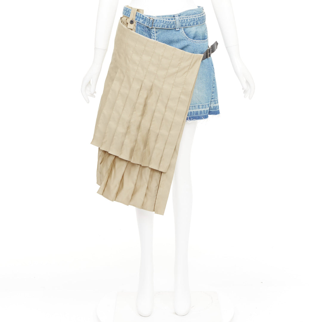 SACAI 2019 Runway beige kilt pleated cotton deconstructed denim shorts JP2 M