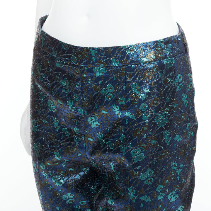 PRADA metallic blue green floral lurex brocade crop pants trousers IT38 XS