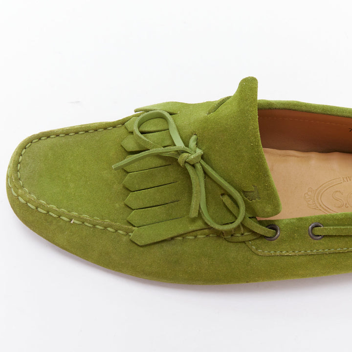 TOD'S moss green suede leather fringe tongue dot sole driving loafer UK7 EU41