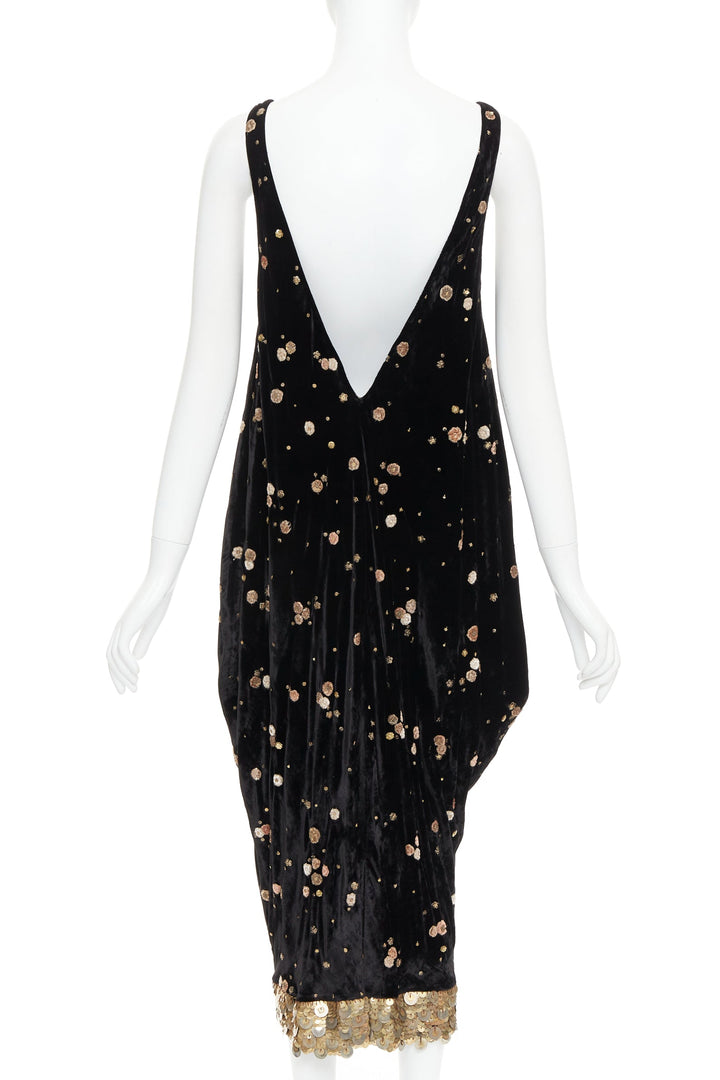 SABYASACHI black velvet gold floral applique sequins drape V neck dress S