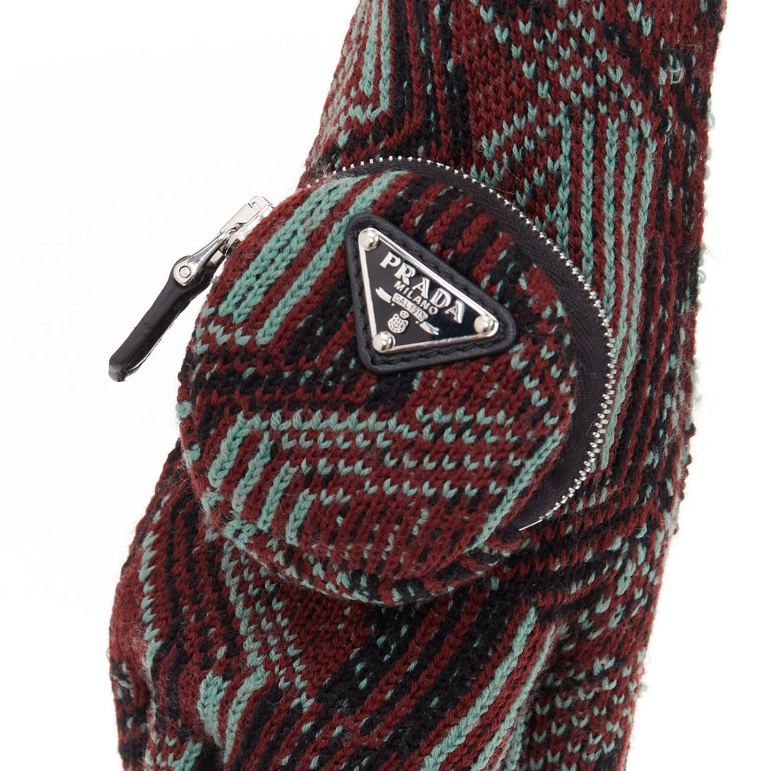 PRADA 2021 Raf Simons Runway green red wool knit triangle pocket long gloves M
