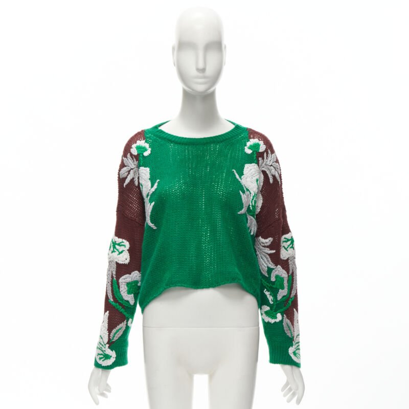 VALENTINO 2022 100% virgin wool green white floral embroidery sleeves sweater S