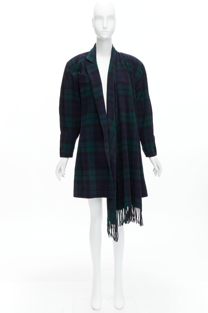 CLAUDE MONTANA green Scottish plaid scarf power shoulder oversized coat IT9A3 S